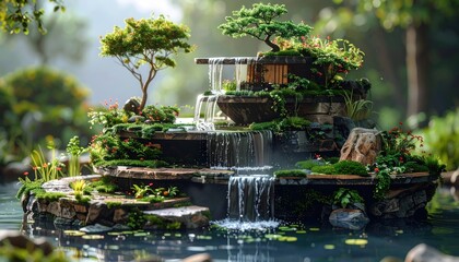 Serene tiered waterfall garden with miniature trees and vibrant greenery