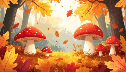 Whimsical forest scene with red mushrooms, autumn leaves and warm sunlight