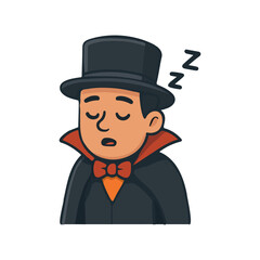 Sleeping vampire man in black and red costume. Cute dracula character taking a nap.