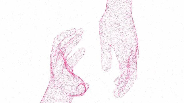 Artistic pointillism drawing of two hands reaching toward each other in pink ink dots on white background symbolizing emotional connection and human interaction