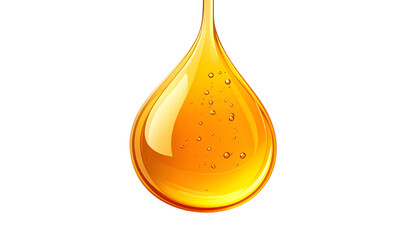 A large, glossy, yellow liquid droplet with smaller bubbles, set against a black backdrop