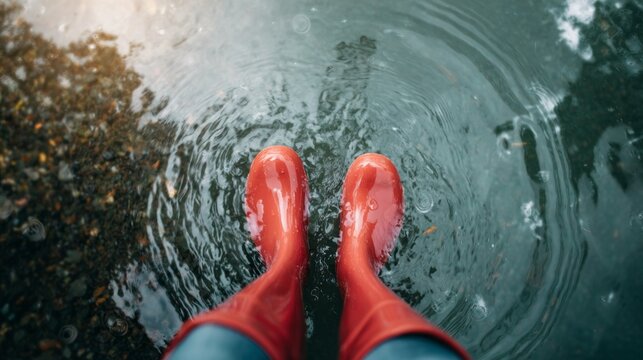 Flood person standing in red rain boots, wading through a flooded street during heavy rainfall, splashing water with ripples