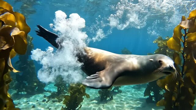 Playful sea lion underwater ocean marine animal swimming through bubbles kelp forest blue habitat wildlife nature graceful curious exploration in clear water sunlight streaming peaceful aquatic scene