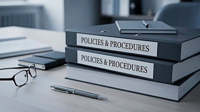 A stack of policy and procedure books on a desk in an office setting.