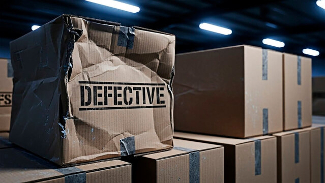 A defective cardboard box in a warehouse setting for the concept of product quality control
