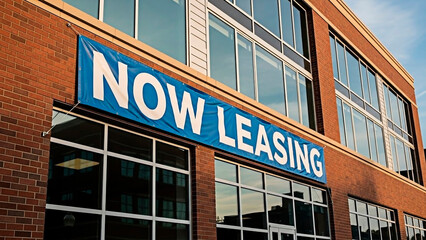Obraz premium A commercial building with a now leasing sign for business rentals and office space.
