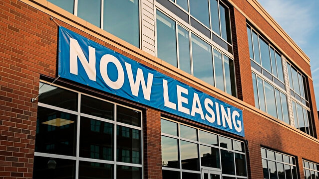 A commercial building with a now leasing sign for business rentals and office space.
