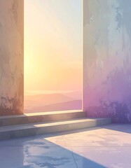 Minimalist Seascape View Through an Open Doorway with Steps.