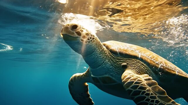 Sea turtle ocean underwater marine wildlife blue nature aquatic reptile swimming grace tropical seascape calm sunlight clear water gliding through warm rays