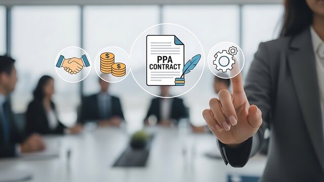 A businesswoman interacting with a digital PPA contract interface in a meeting room