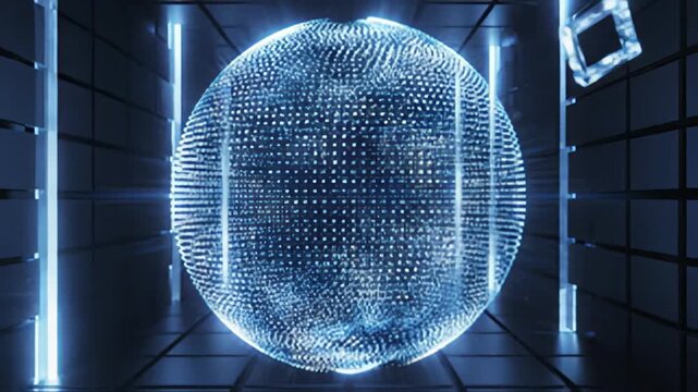 Abstract geometric animation with floating cubes and glowing sphere