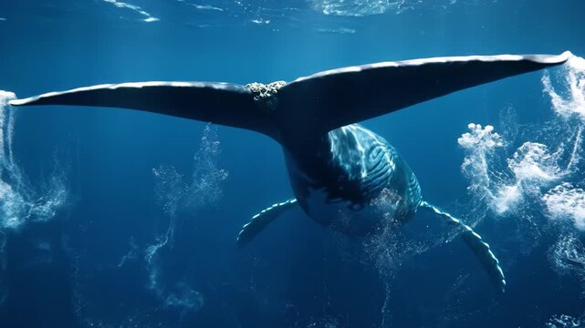 Underwater humpback whale tail ocean sea marine mammal diving wildlife peaceful blue water aquatic nature migration freedom adventure dramatic dive clear deep blue ocean with sunlight ray