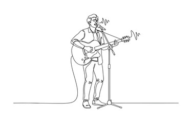 Obraz premium Person sing a song with acoustic jazz guitar continuous one line art drawing vector.