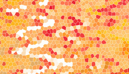 Abstract warm mosaic background with vibrant orange red and yellow geometric cells. Creative artistic stained glass texture with bright sunset colors and organic pebble pattern.