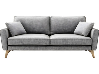 Fototapeta premium Gray modern sofa with soft cushions, minimalist interior furniture design. Isolated on transparent background.