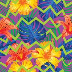 Obraz premium Floral seamless pattern with leaves and green zigzag lines. tropical background