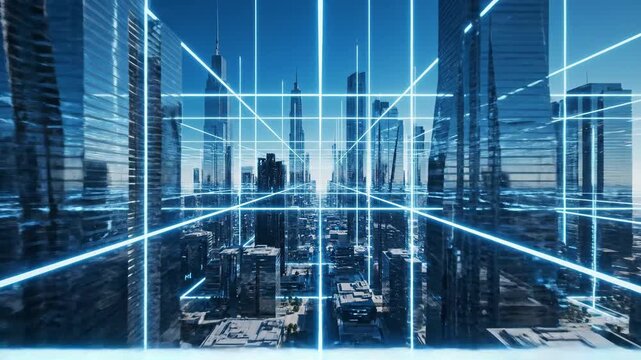 Futuristic cityscape with glowing network grid digital technology
