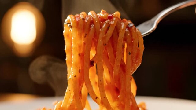 A fork picking hot and spicy spaghetti in a close-up shot
