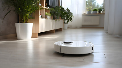 Fototapeta premium White robot vacuum cleaner in a bright semi-living room