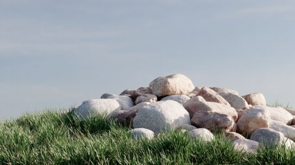 Obraz premium Pile of rounded stones rests upon a grassy mound beneath a pale blue sky