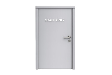 Closed gray door with "Staff Only" text and silver handle on black background