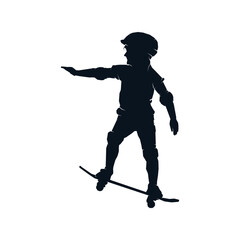 Fototapeta premium Silhouette of little girl child skater skateboarding, black and white vector illustration