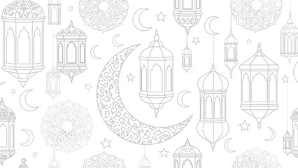 Fototapeta premium Crescent Moon Lanterns Islamic Pattern White Background