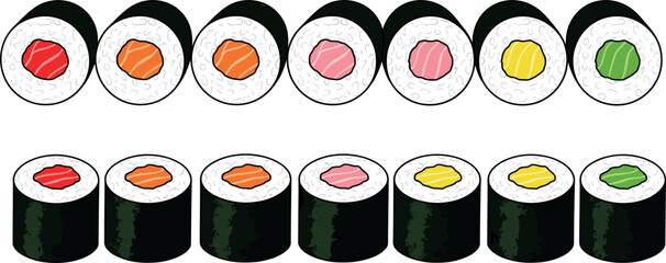 Set of various sushi maki rolls with different colorful fillings © Firoz