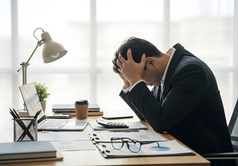 Overwhelmed Businessman Suffering from Stress and Headache at Office Desk