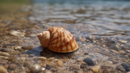 A single striped seashell rests on a clear shallow stream bed surrounded by smooth pebbles with gentle water ripples