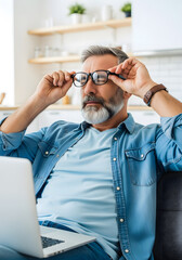 Mature Businessman Suffering from Eye Strain and Headache while Working on Laptop