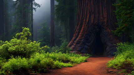 Obraz premium Redwood forest path misty trees nature