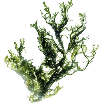 Fresh green seaweed algae with glossy wet surface and organic form, isolated on transparent background..