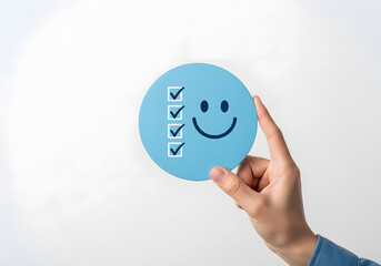 Hand Holding Blue Customer Satisfaction Icon with Smiley Face and Checkl
