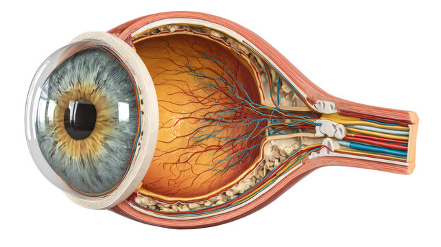 Human eye anatomical cross section, vision and optics concept, isolated on a white background