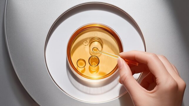 A hand holds an eyedropper pouring oil into a petri dish containing two small yellow droplets on a white plate