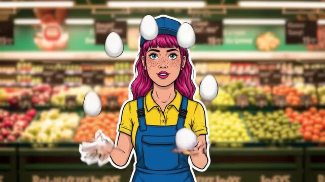 Retail worker with pink hair juggling eggs in produce section