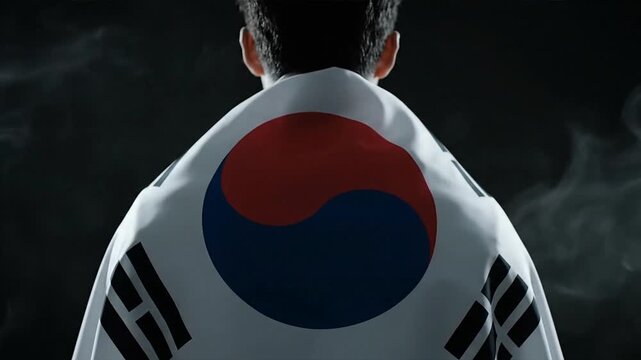 Person with flag on back against dark background