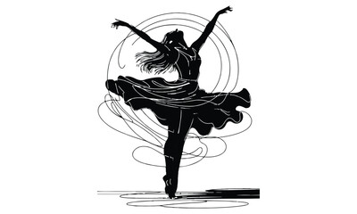 Young graceful woman ballet dancer vector illustration. Beautiful young ballerina standing in ballet pose. Black female silhouette.