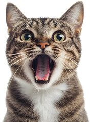 Obraz premium Funny surprised tabby cat face isolated on transparent background. Emotional pet portrait for memes, ads, and creative design.