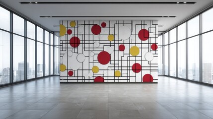 Modern abstract office interior with geometric wall art and large windows