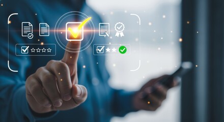 Businessman confirming digital quality service satisfaction. User touching virtual checkmark on smartphone for positive business feedback. Smart evaluation system for online excellence result.