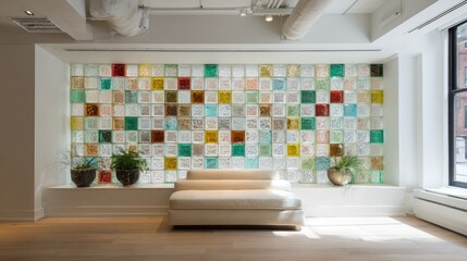 Modern interior design sofa and colorful glass wall art