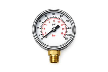 Close-up of a pressure gauge with a brass fitting against a black background