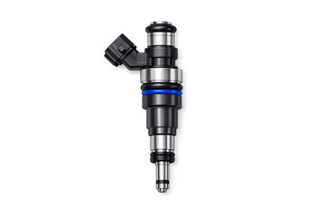 Fototapeta premium Automotive fuel injector isolated on black background, precision engineering for optimal performance
