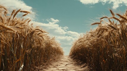 Golden wheat field path under a cloudy sky agriculture farming concept