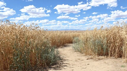 Path through golden wheat field under a bright blue sky with fluffy clouds