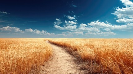 Path through golden wheat field under a vibrant blue sky with fluffy clouds