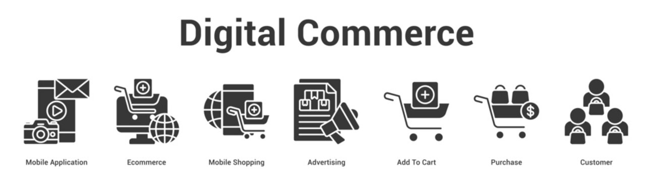 Digital Commerce web banner icon set vector illustration concept for business with icon of Mobile Application, Ecommerce, Mobile Shopping, Advertising, Add To Ca.