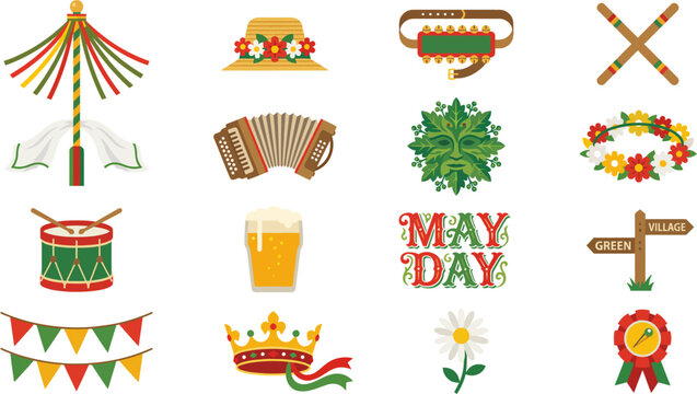 Large Set of Flat Vector Icons for British May Day and Morris Dancing.